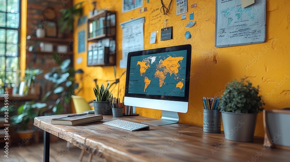 Language School Workspace with World Map on Monitor. Generative AI Language School Workspace with World Map on Monitor. Generative AI