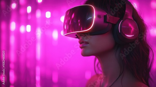 A person wearing a VR headset in a vibrant, neon-lit setting.