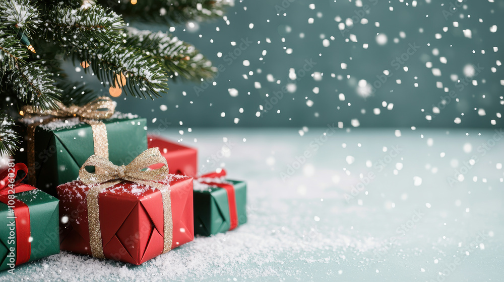 Navidad gift stack in the snow. Colorful Christmas gifts wrapped in red and green under snowy pine tree, creating festive atmosphere Navidad gift stack in the snow. Colorful Christmas gifts wrapped in red and green under snowy pine tree, creating festive atmosphere