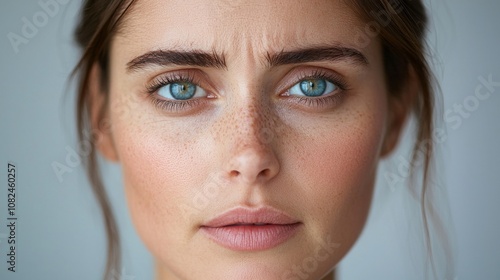 Close-up portrait of a young woman with blue eyes and freckles looking directly at the camera.