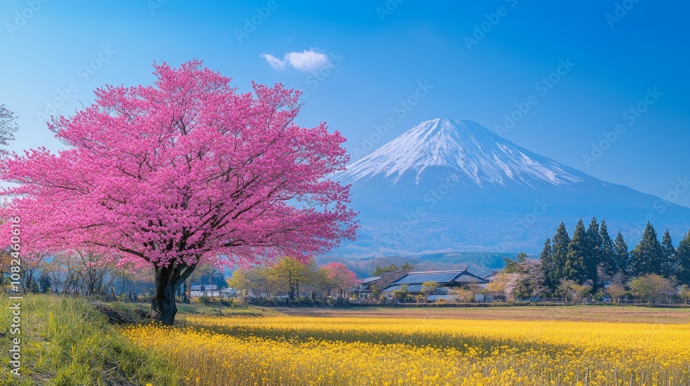 A vibrant pink cherry blossom tree stands in the foreground of a yellow canola field, with Mount Fuji in the background. A vibrant pink cherry blossom tree stands in the foreground of a yellow canola field, with Mount Fuji in the background.