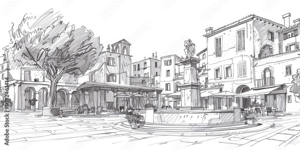 An urban sketch of a bridge over a river with cityscape in the background An urban sketch of a bridge over a river with cityscape in the background