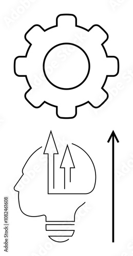 Gear human head arrows convey innovation progress mechanics technology development efficiency. Ideal for business, strategy, creativity, growth, problem-solving, engineering, leadership. Line
