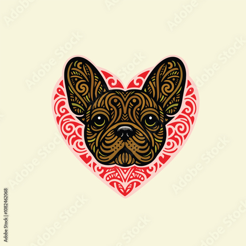 cute French Bulldog inside a heart, vector logo with thick black outlines on a solid background