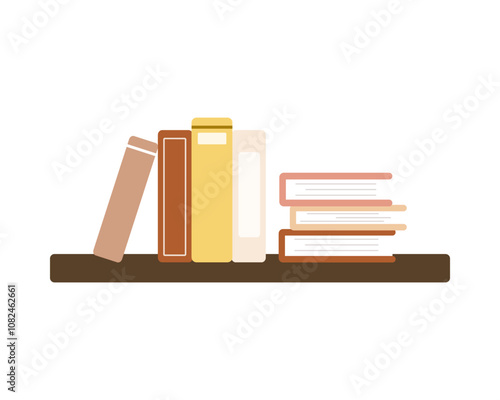 Pile of book on wall shelf. Home interior decoration concepts. Flat decorative modern vector design isolated illustration.