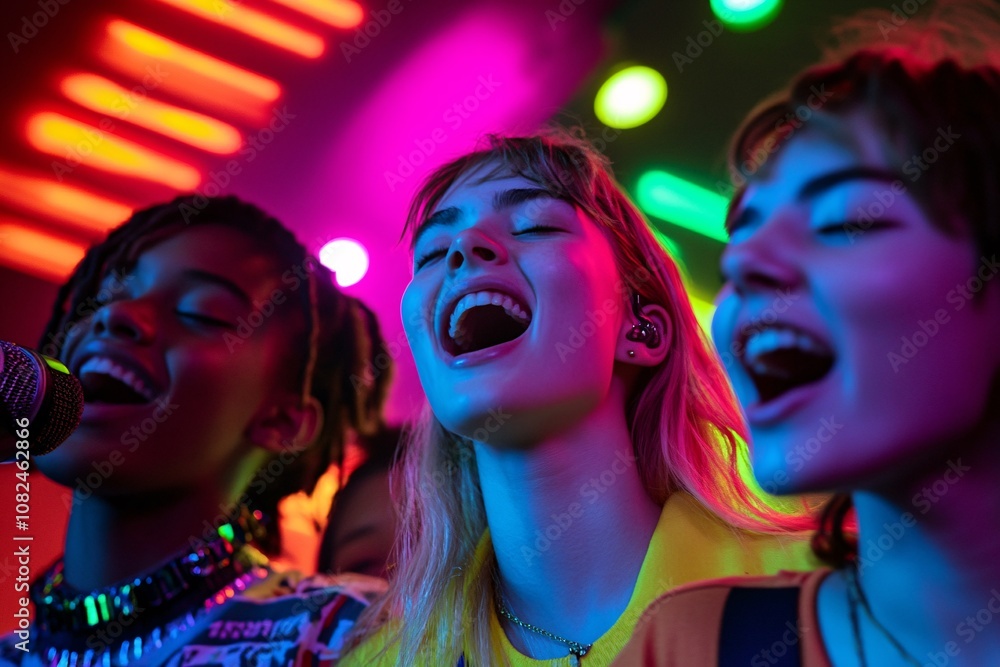 A group of teenagers in a karaoke room at a birthday party, colorful neon lights, close-up on smiling faces as they sing together, diversity and joyful expressions, vibrant and energetic moment 5 A group of teenagers in a karaoke room at a birthday party, colorful neon lights, close-up on smiling faces as they sing together, diversity and joyful expressions, vibrant and energetic moment 5