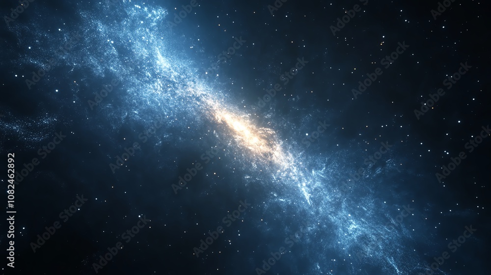 Naklejka premium Vibrant galaxy with swirling blue and golden stars in a dark cosmic background.