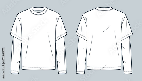 Layered Sleeve Shirt fashion flat tehnical drawing template. T-Shirt technical fashion illustration, round neck, long sleeve, front and back view, white, women, men, unusex Top CAD mockup.
