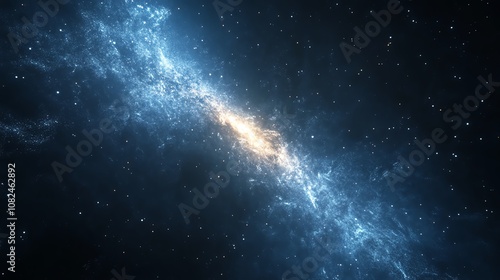 Vibrant galaxy with swirling blue and golden stars in a dark cosmic background.