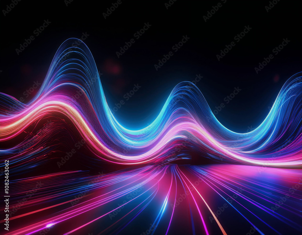Abstract glowing lines of pink, blue, and yellow against a black background create a dynamic and futuristic composition. Abstract glowing lines of pink, blue, and yellow against a black background create a dynamic and futuristic composition.