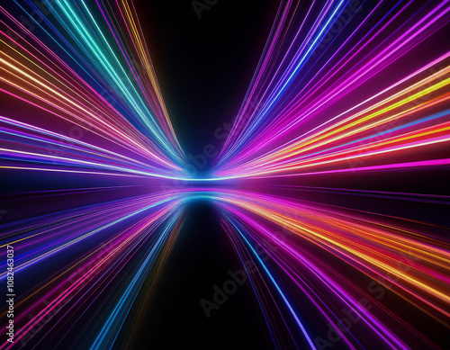 Abstract background with a symmetrical pattern of colorful neon streaks of light radiating out from a central point.