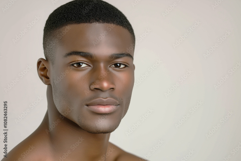 Obraz premium A 25-year-old handsome African-American male model on the left. close-up. Kind facial expression on a light background. Advertising banner