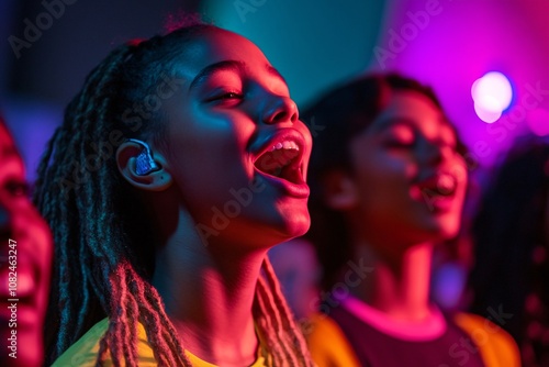 A group of teenagers enjoying karaoke at a birthday party, glowing neon lights, close-up on faces showing joy and energy, multicultural, festive and cheerful atmosphere 4 photo