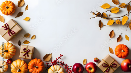 thanksgiving greetings with pakages and dry yellow leaves, pumpkins, berries and apples on white background photo