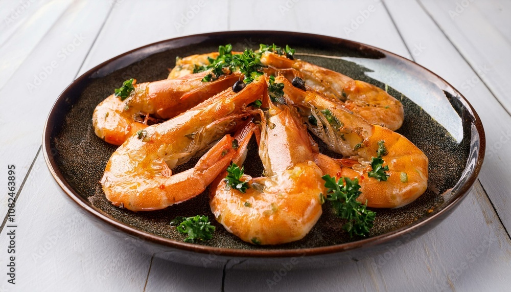 close up of a plate with cooked shrimp seasoned with herbs close up of a plate with cooked shrimp seasoned with herbs