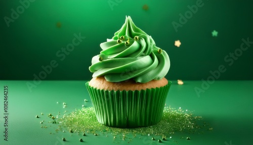 a festive st patrick s day themed cupcake decorated with green icing and sprinkles on a vibrant flat green background capturing the spirit of celebration photo