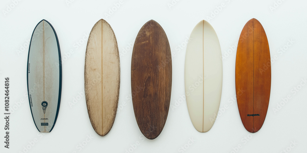 Five simple, minimalist photos of surfboards on a white background. Advertising banner Five simple, minimalist photos of surfboards on a white background. Advertising banner