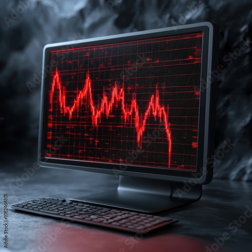 investing mistakes and volatility concept. A computer monitor displaying a red fluctuating graph on a dark background.