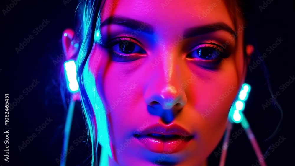 Neon glow: futuristic expression and luminous light play on faces Neon glow: futuristic expression and luminous light play on faces
