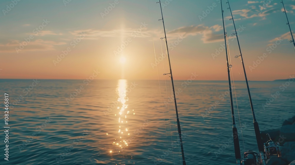 A tranquil sea fishing spot at sunset, Fishing rods set against the horizon, Coastal leisure style A tranquil sea fishing spot at sunset, Fishing rods set against the horizon, Coastal leisure style