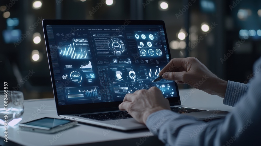 Businessman at a desk with a laptop displaying digital SOP icons including operation, sequence, and quality in a clean, futuristic workspace Businessman at a desk with a laptop displaying digital SOP icons including operation, sequence, and quality in a clean, futuristic workspace