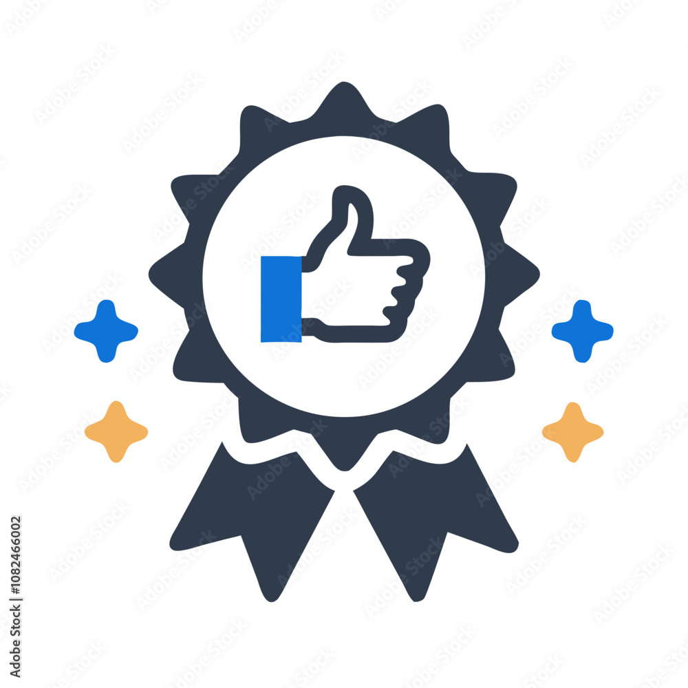 A modern, graphic design featuring a thumbs-up icon enclosed in a circular badge with ribbons and stars, symbolizing approval and quality recognition A modern, graphic design featuring a thumbs-up icon enclosed in a circular badge with ribbons and stars, symbolizing approval and quality recognition