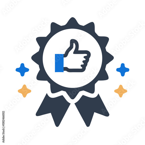 A modern, graphic design featuring a thumbs-up icon enclosed in a circular badge with ribbons and stars, symbolizing approval and quality recognition