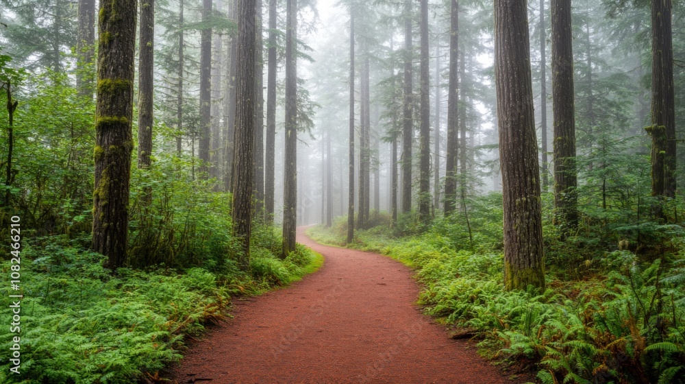 Fototapeta premium Forest Path Through Misty Trees and Ferns