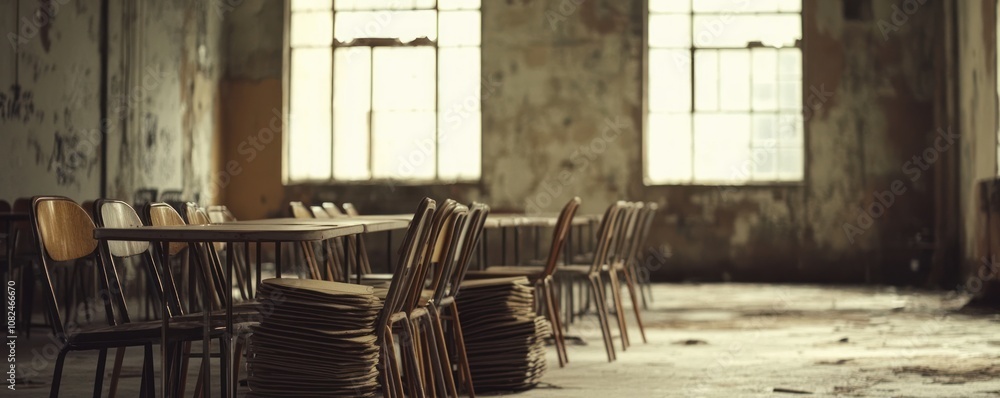 A vacant, dilapidated room with scattered chairs and tables, evoking a sense of abandonment. A vacant, dilapidated room with scattered chairs and tables, evoking a sense of abandonment.