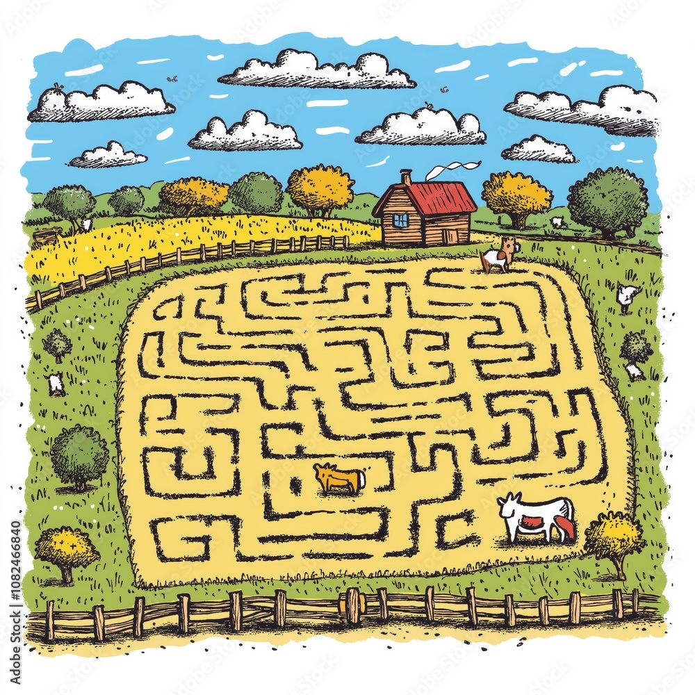 A vibrant illustration of a corn maze in a rural setting with a quaint cabin, animals, and a bright sky, perfect for leisure activities. A vibrant illustration of a corn maze in a rural setting with a quaint cabin, animals, and a bright sky, perfect for leisure activities.