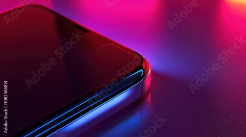 Close-up of a smartphone with a black screen, illuminated by pink and blue neon lights, on a reflective surface.