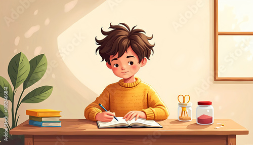 Smiling Boy Writing in Notebook by Window