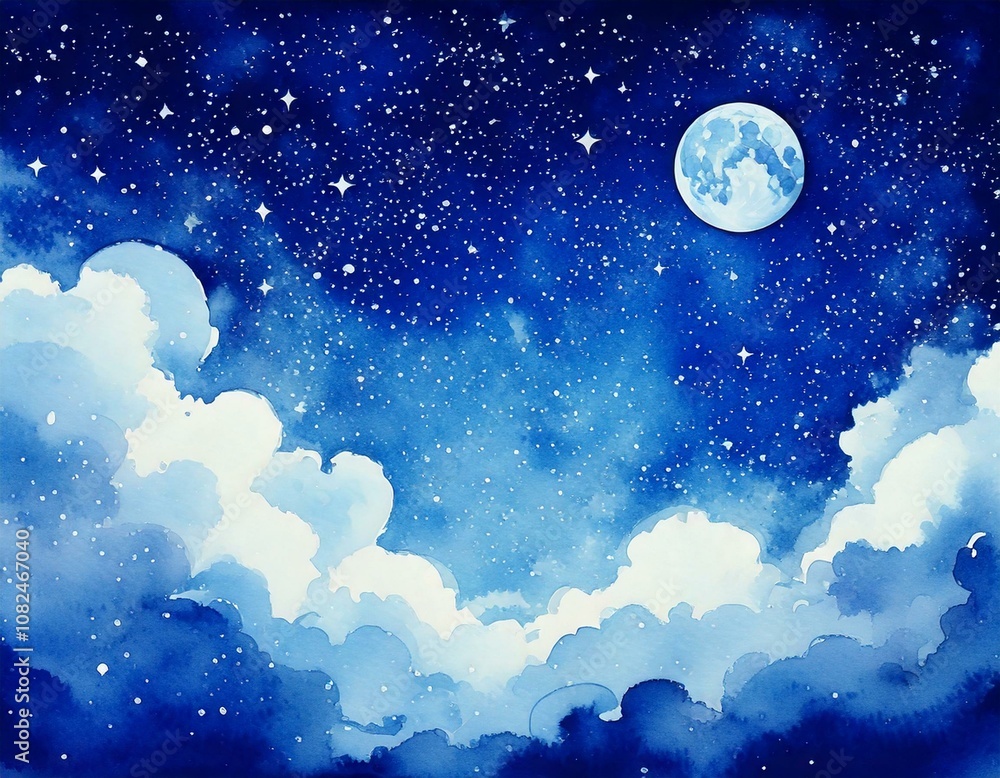 watercolor painting of a night sky with clouds,stars , and the moon with empty copy space in the middle watercolor painting of a night sky with clouds,stars , and the moon with empty copy space in the middle
