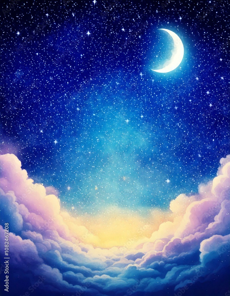 watercolor painting of a night sky with clouds,stars , and the moon with empty copy space in the middle watercolor painting of a night sky with clouds,stars , and the moon with empty copy space in the middle