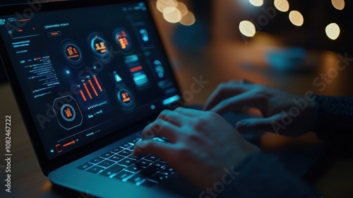 Professional typing on a laptop with holographic icons for Standard Operating Procedures, showcasing concepts like workflow and sequence