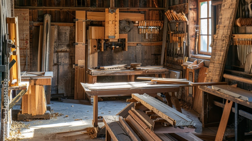 A tranquil woodworking workshop with saws and lumber, Woodworking tools and unfinished projects arranged in a rustic setting, Traditional craftsmanship style A tranquil woodworking workshop with saws and lumber, Woodworking tools and unfinished projects arranged in a rustic setting, Traditional craftsmanship style