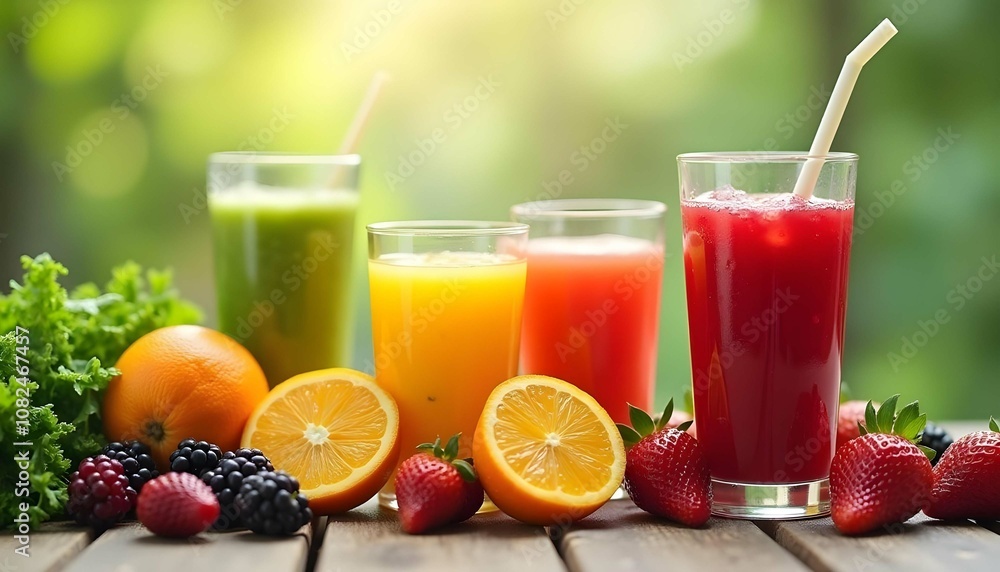 Assortment of fresh fruit juices and smoothies with various fruits and vegetables, including oranges, strawberries, and leafy greens, on a wooden table against a blurred natural background Assortment of fresh fruit juices and smoothies with various fruits and vegetables, including oranges, strawberries, and leafy greens, on a wooden table against a blurred natural background