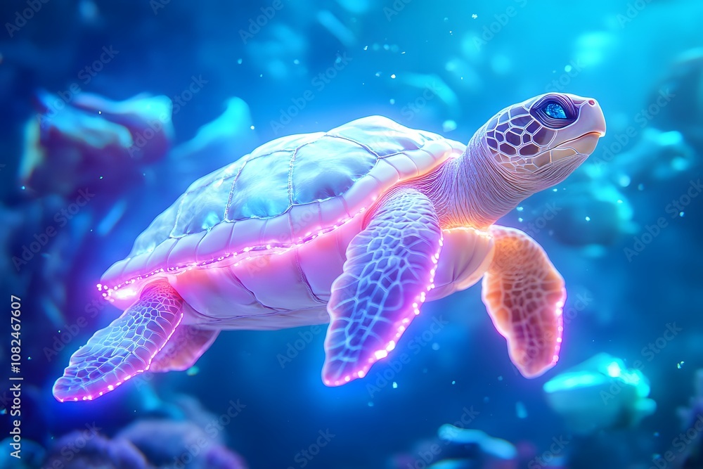 Fototapeta premium A sea turtle wearing an inflatable white jacket swims in the deep water, surrounded by floating garbage