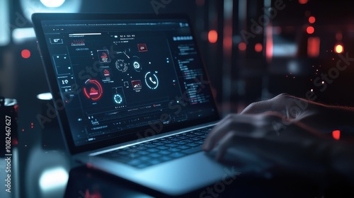 Professional typing on a laptop with holographic icons for Standard Operating Procedures, showcasing concepts like workflow and sequence