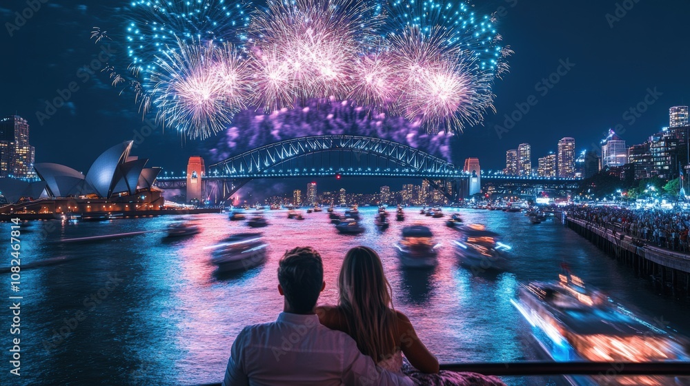 Fototapeta premium Sydney Harbour Bridge Fireworks Night View Couple