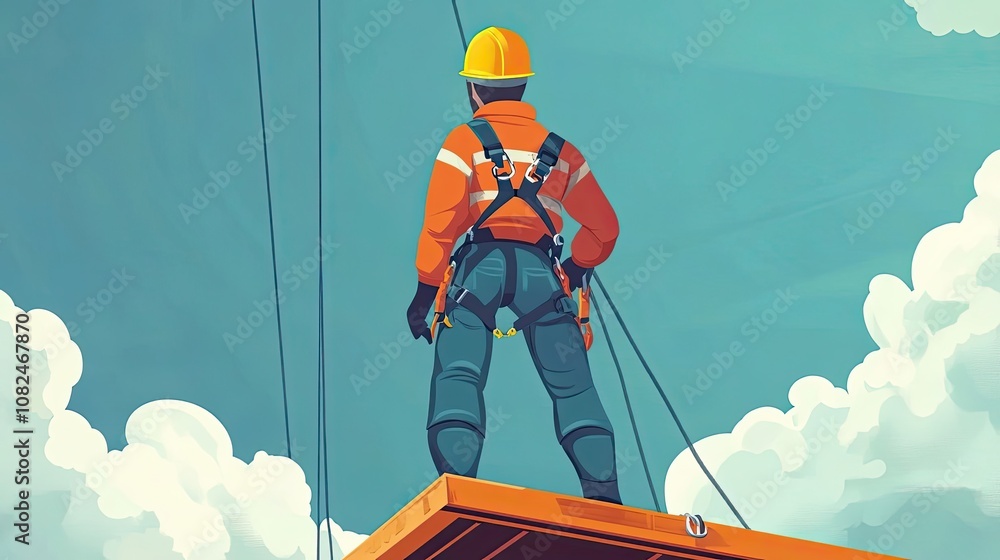 Obraz premium A Construction Worker Secured by Ropes and a Harness on a Platform