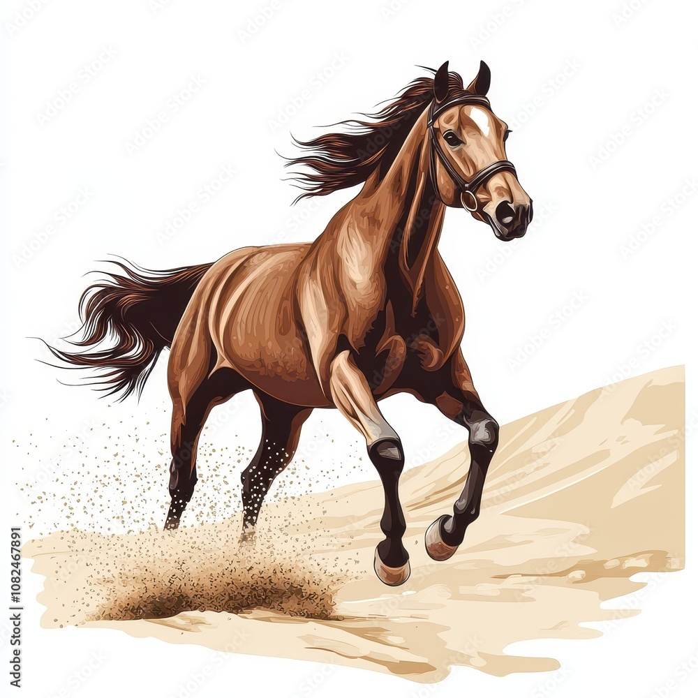 A powerful horse gallops energetically across a sandy surface, showcasing its strength and grace in motion.