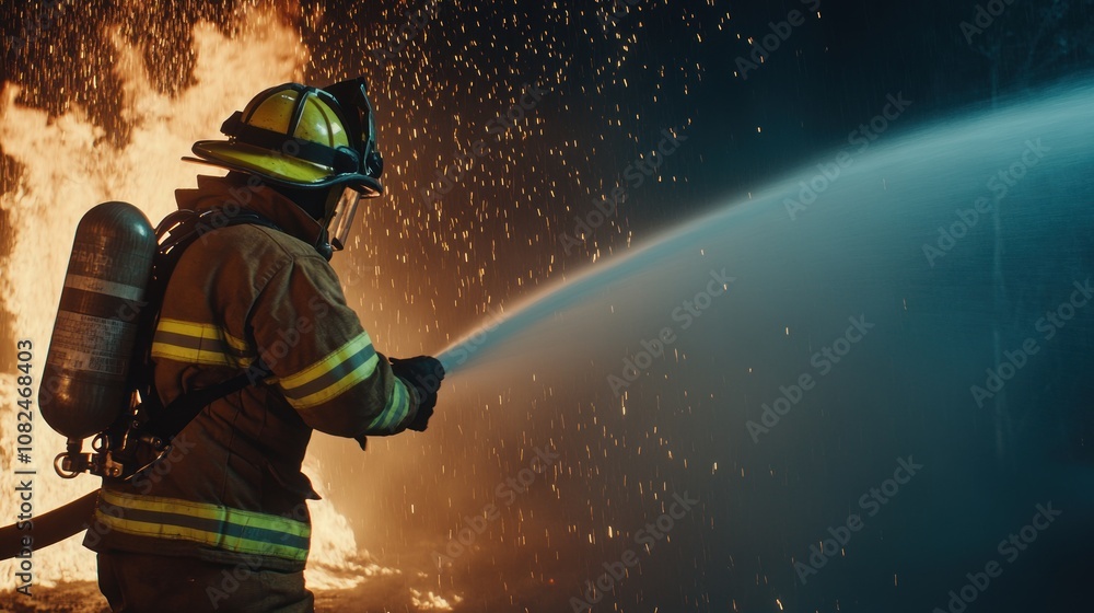 Firefighter extinguishing flames with a powerful water hose.