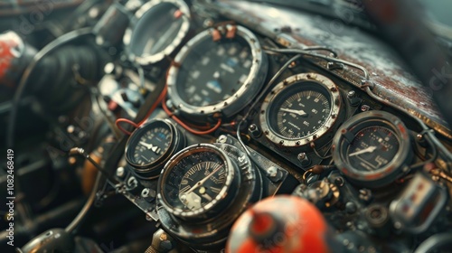 Close-up of a vintage aircraft instrument panel with worn gauges and dials.