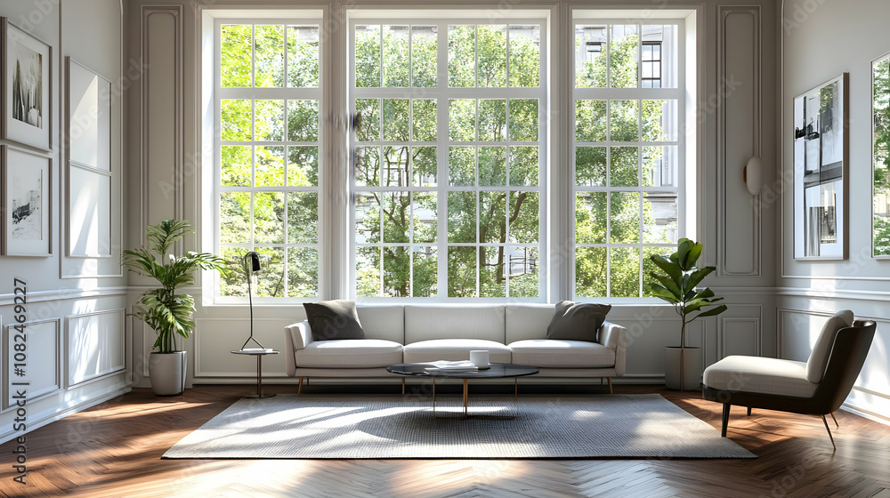 Fototapeta premium Minimalist Upper West Side pre-war apartment with restored moldings, classic Manhattan residence