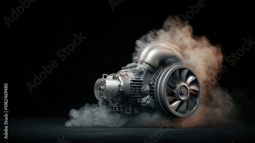 Close-up of a turbocharger system. High-Performance Turbo Engine with Smoke Effect in Dark Environment, Highlighting Industrial Design and Engineering Excellence in Modern Automotive Technology