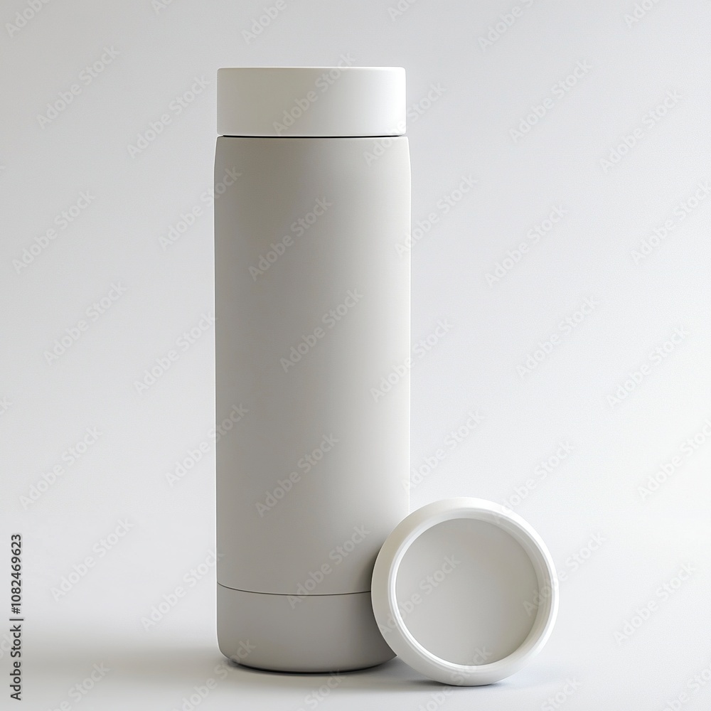 sleek futuristic athletic light grey matte porcelain water bottle. Straight cylinder body. No taper for lid. Simple white silicone sleeve around body and lid,generative ai sleek futuristic athletic light grey matte porcelain water bottle. Straight cylinder body. No taper for lid. Simple white silicone sleeve around body and lid,generative ai