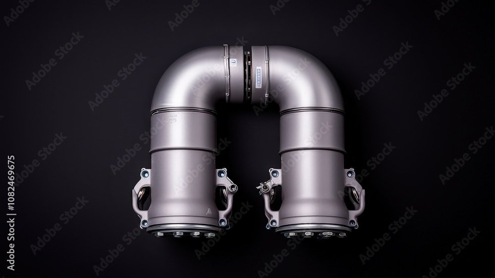Close-up of a turbocharger system. Sleek Metallic Pipe Structure with Dual Outlets and Smooth Finish Against a Dark Background for Industrial or Automotive Applications Close-up of a turbocharger system. Sleek Metallic Pipe Structure with Dual Outlets and Smooth Finish Against a Dark Background for Industrial or Automotive Applications