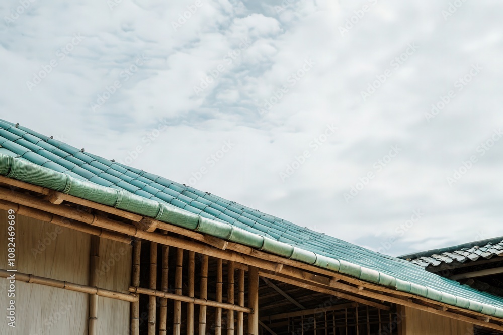 Traditional tiled roof under a clear sky with clouds. Traditional tiled roof under a clear sky with clouds.