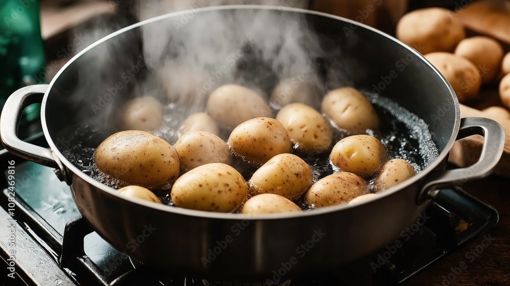Close-up of boiling potatoes in a pot on a stove, with steam rising, in a kitchen setting Close-up of boiling potatoes in a pot on a stove, with steam rising, in a kitchen setting
